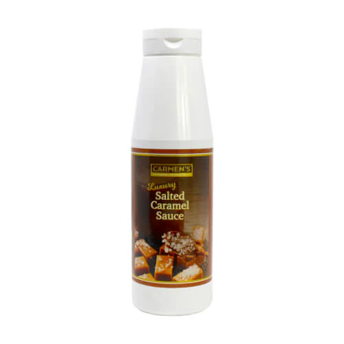 1kg squeezy bottle of Salted Caramel Sauce, gluten-free dessert topping ideal for waffles, crêpes, ice cream, and milkshakes
