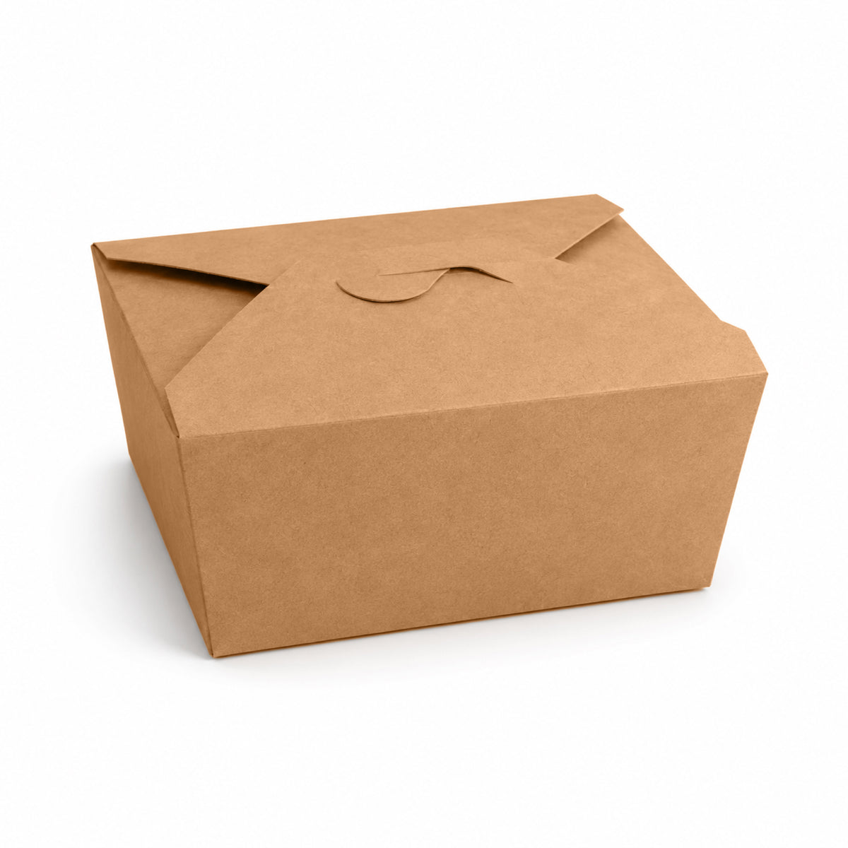 A closed, brown, rectangular takeout box made of kraft paper.