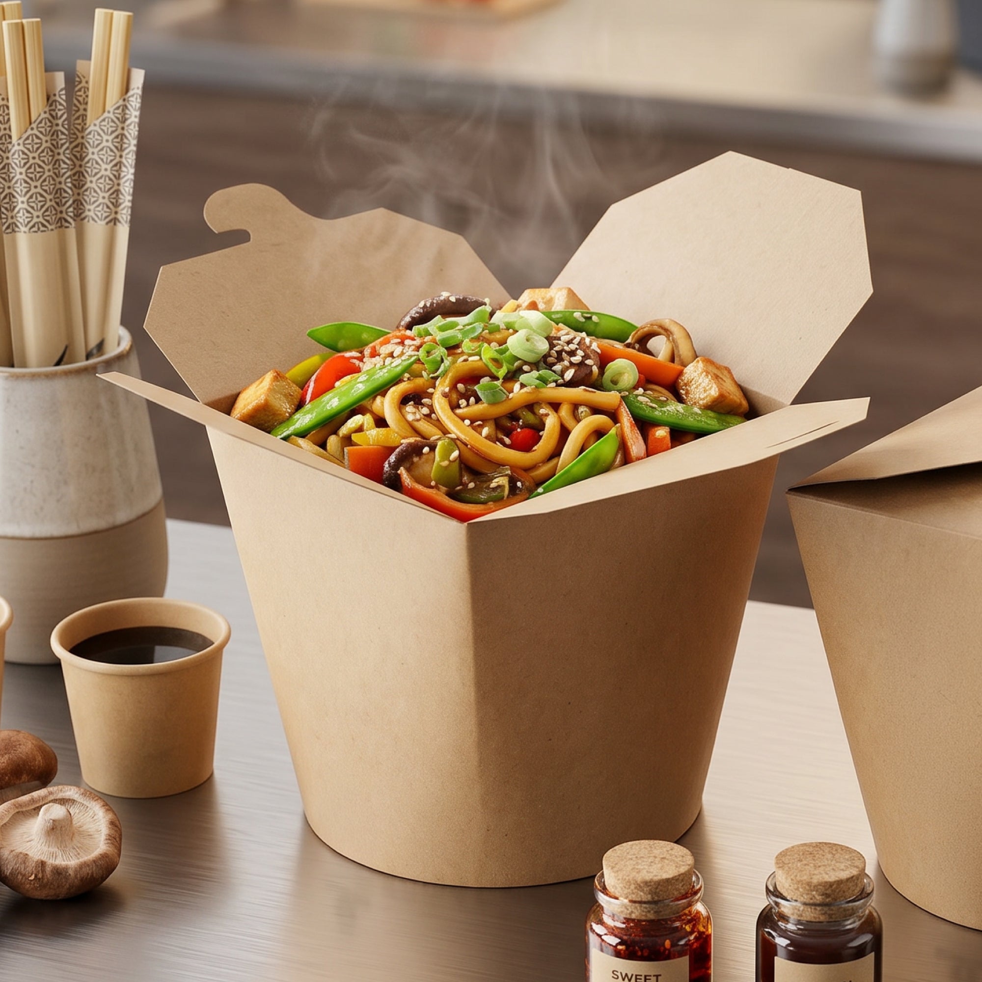 A takeout box filled with colorful stir-fried noodles and vegetables, surrounded by sauce containers and chopsticks.