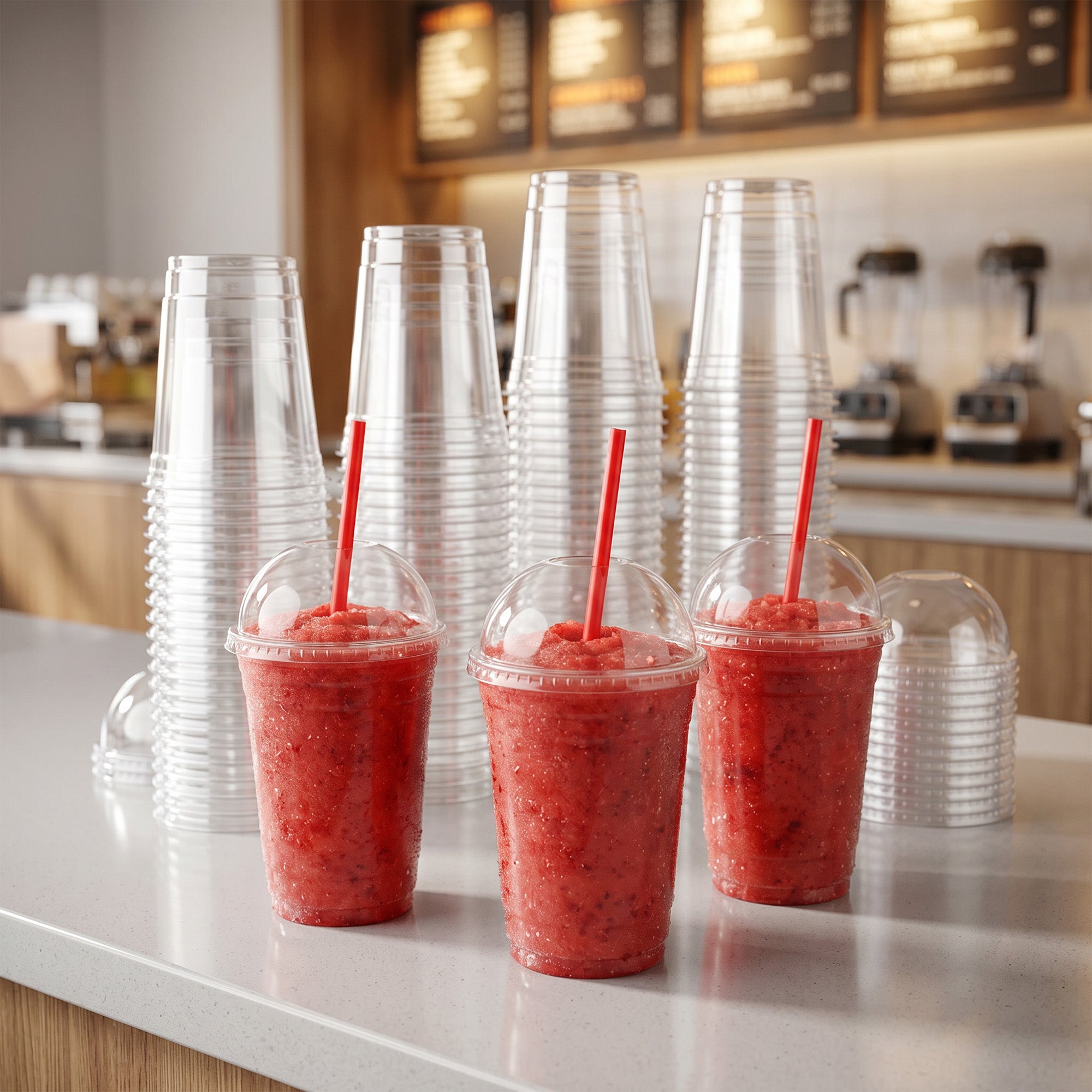 Three red fruit smoothies with dome lids and red straws are on a counter beside stacks of clear plastic cups. The setting is a bright, modern café.