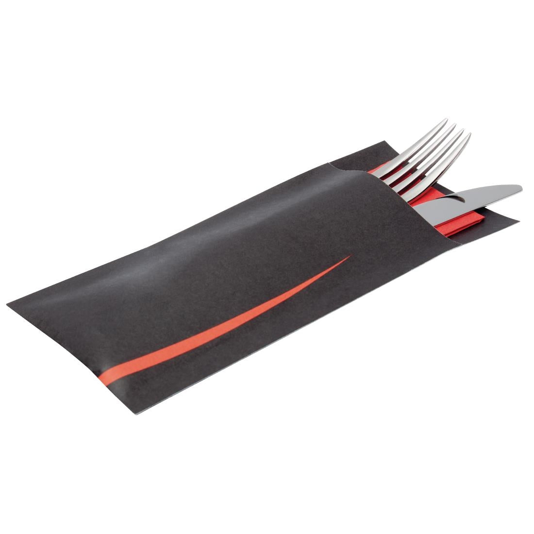 Europochette Bari Black Cutlery Pouch with Red Napkin (100 pack)