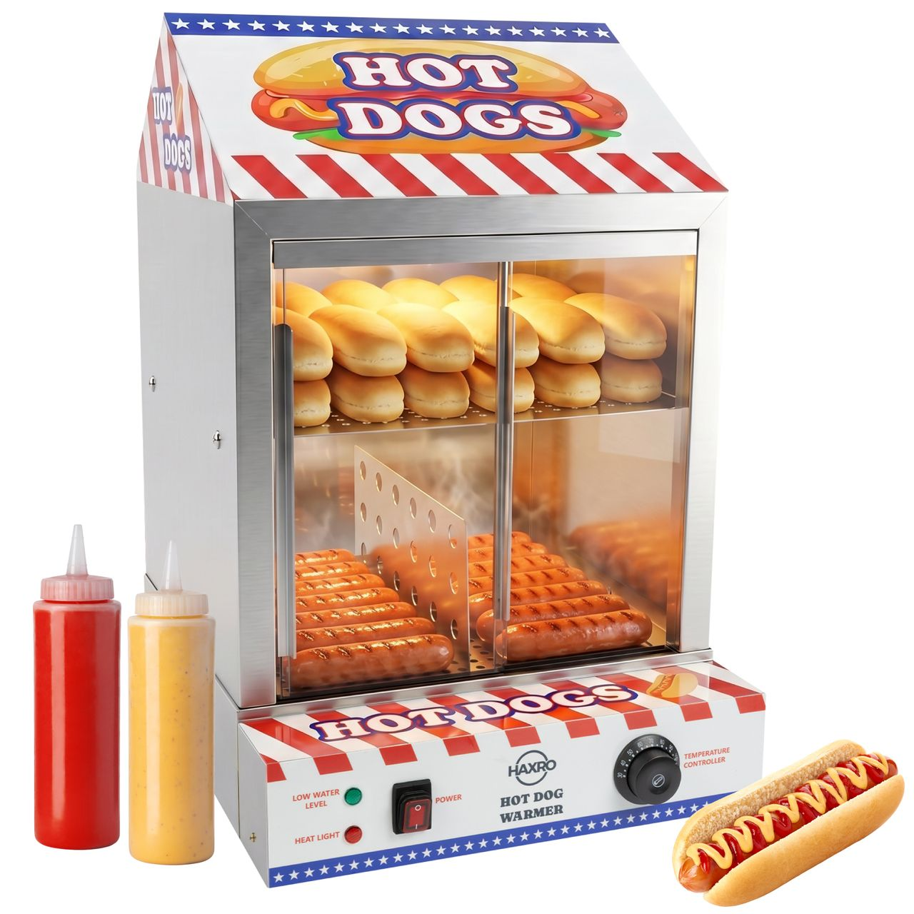 A hot dog vending machine with hot dogs displayed inside and condiment bottles in red and yellow.