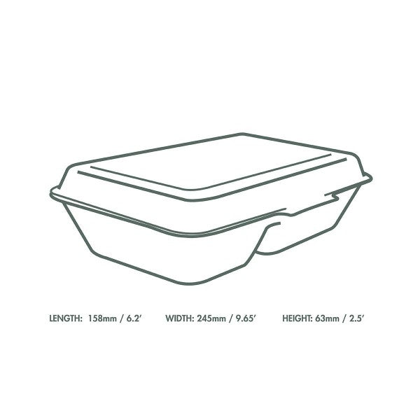 Illustration of a takeout food container with dimensions: Length 158mm (6.2 inches), Width 245mm (9.65 inches), Height 63mm (2.5 inches).