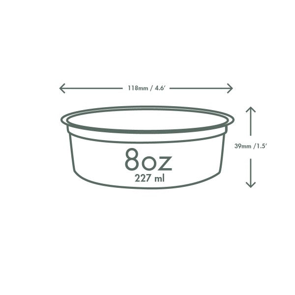 8 oz container dimensions: 118 mm (4.6 inches) wide, 39 mm (1.5 inches) high.