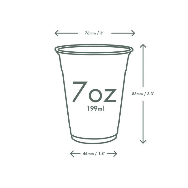 A cup with a capacity of 7 oz (199 ml), dimensions labeled: 76 mm width (3 in), 83 mm height (3.3 in), and 46 mm diameter (1.8 in).