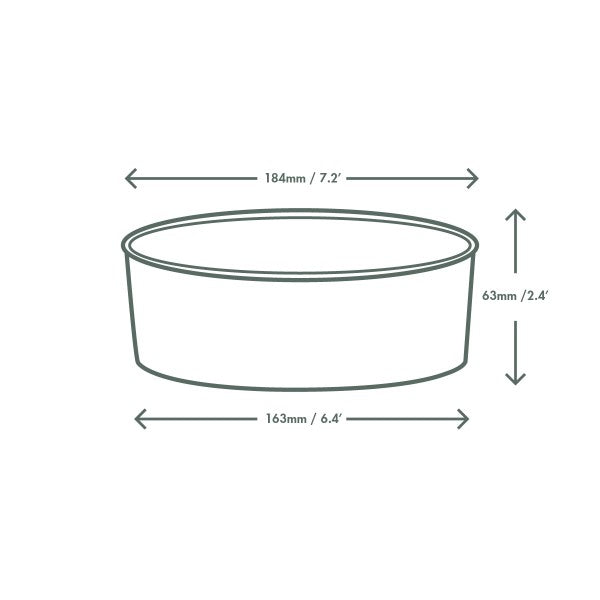 An illustration of an oval container with dimensions: 184mm (7.2") in length, 163mm (6.4") in width, and 63mm (2.4") in height.