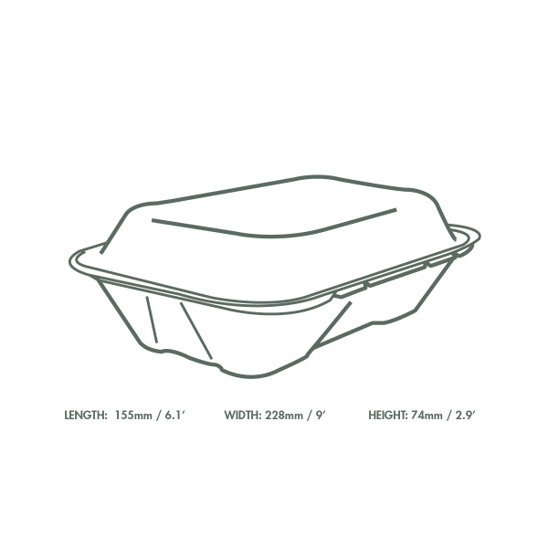 Outline of a food container with dimensions on a white background