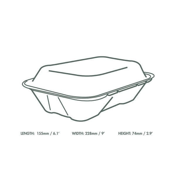 Line drawing of a rectangular takeout container with dimensions labeled: LENGTH 155mm / 6.1", WIDTH 228mm / 9", HEIGHT 74mm / 2.9".