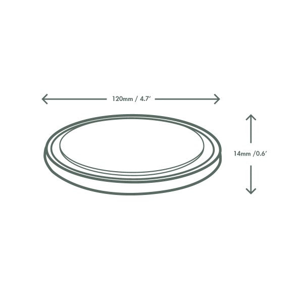 Diagram showing the dimensions of a circular object with a diameter of 120mm (4.7 inches) and a height of 14mm (0.6 inches).