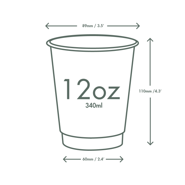 Illustration of a 12 oz (340 ml) cup with dimensions: 89 mm (3.5 in) wide, 110 mm (4.3 in) tall, and 60 mm (2.4 in) at the bottom.