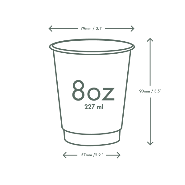 Diagram of an 8 oz cup with dimensions: 79mm (3.1') wide at the top, 57mm (2.2') wide at the bottom, and 90mm (3.5') tall, along with volume details (227 ml).