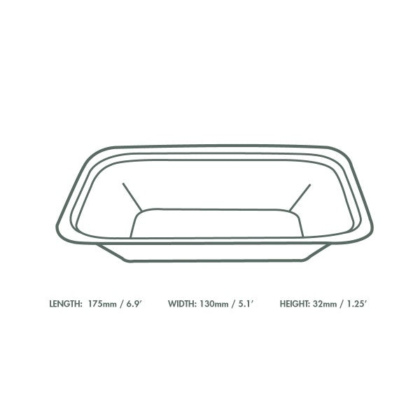 Outline of a rectangular container with dimensions on a white background