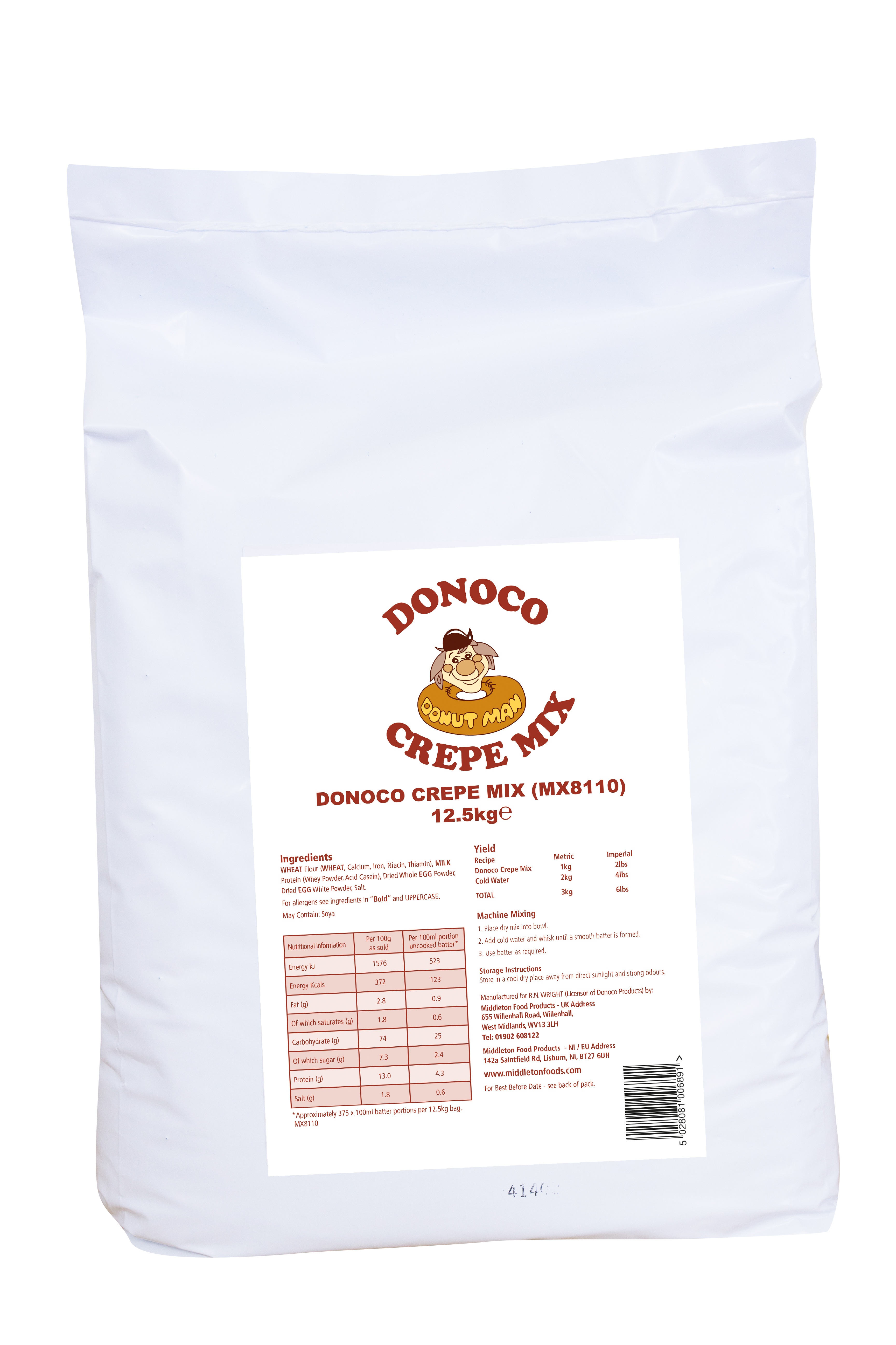 2.5kg bag of Donoco Crepe Mix for making light, golden crepes in professional kitchens and catering use.