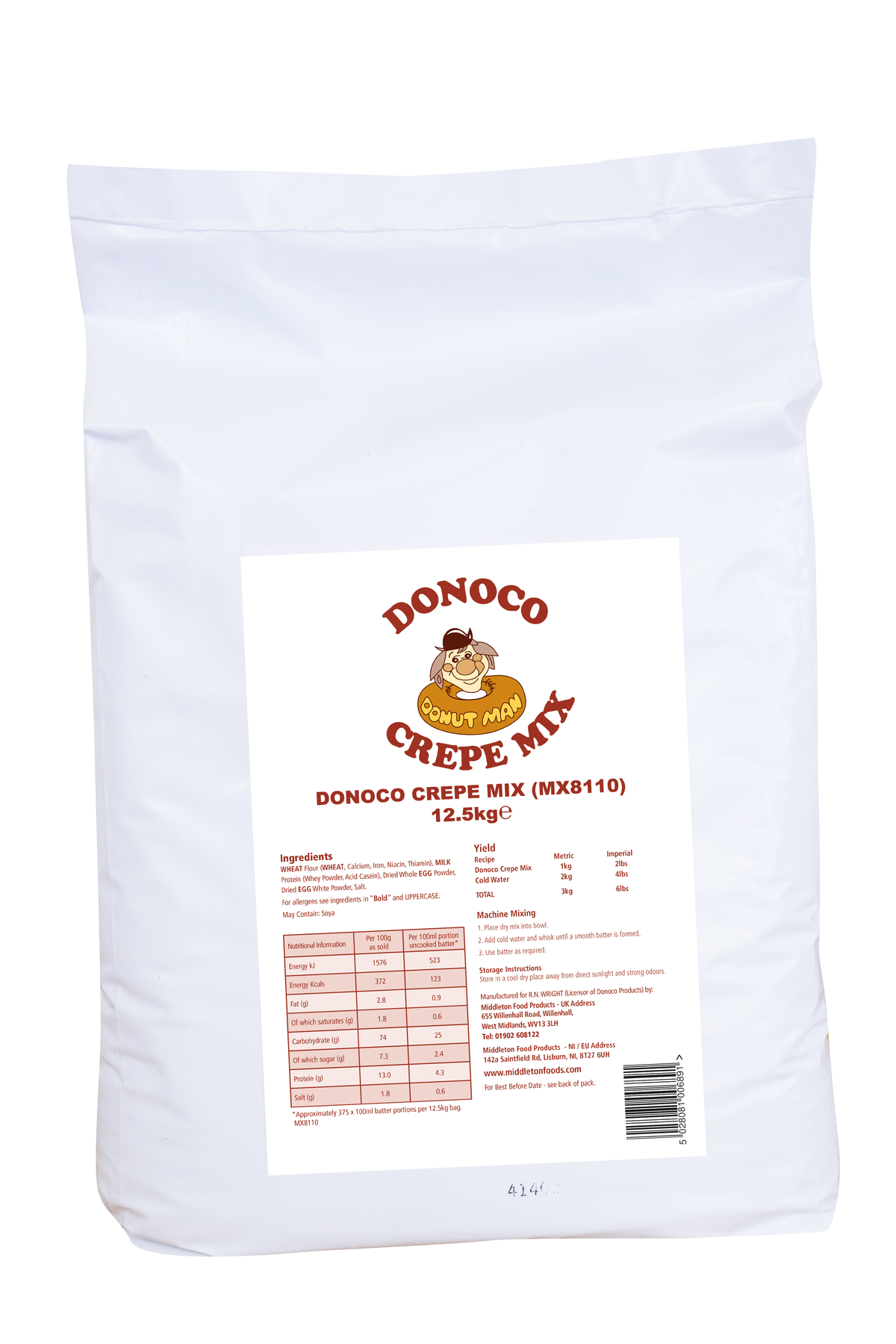 2.5kg bag of Donoco Crepe Mix for making light, golden crepes in professional kitchens and catering use.