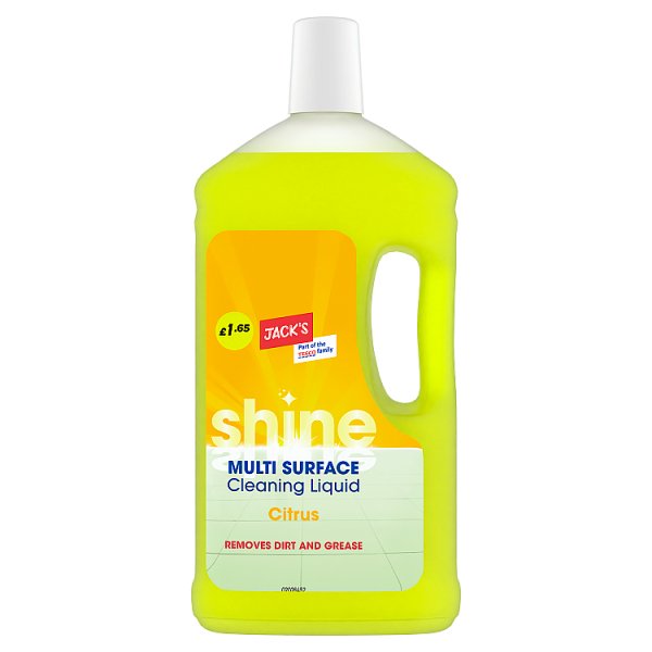 Bright yellow-green bottle of Jack’s Shine citrus multi-surface cleaning liquid, with a built-in handle and white cap; vivid packaging conveys a fresh, practical feel.