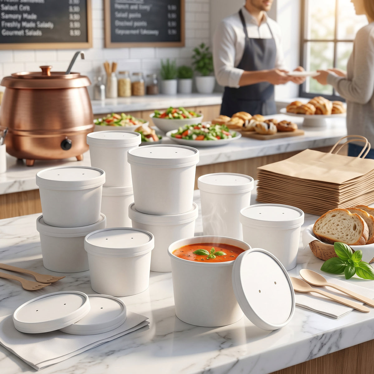 Containers of soup and salad are arranged on a marble countertop, with fresh ingredients and baked goods in the background.