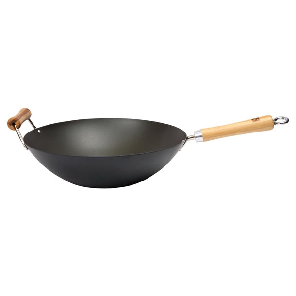 Dexam School of Wok Pre-Seasoned Carbon Steel Flat Base Wok 360mm