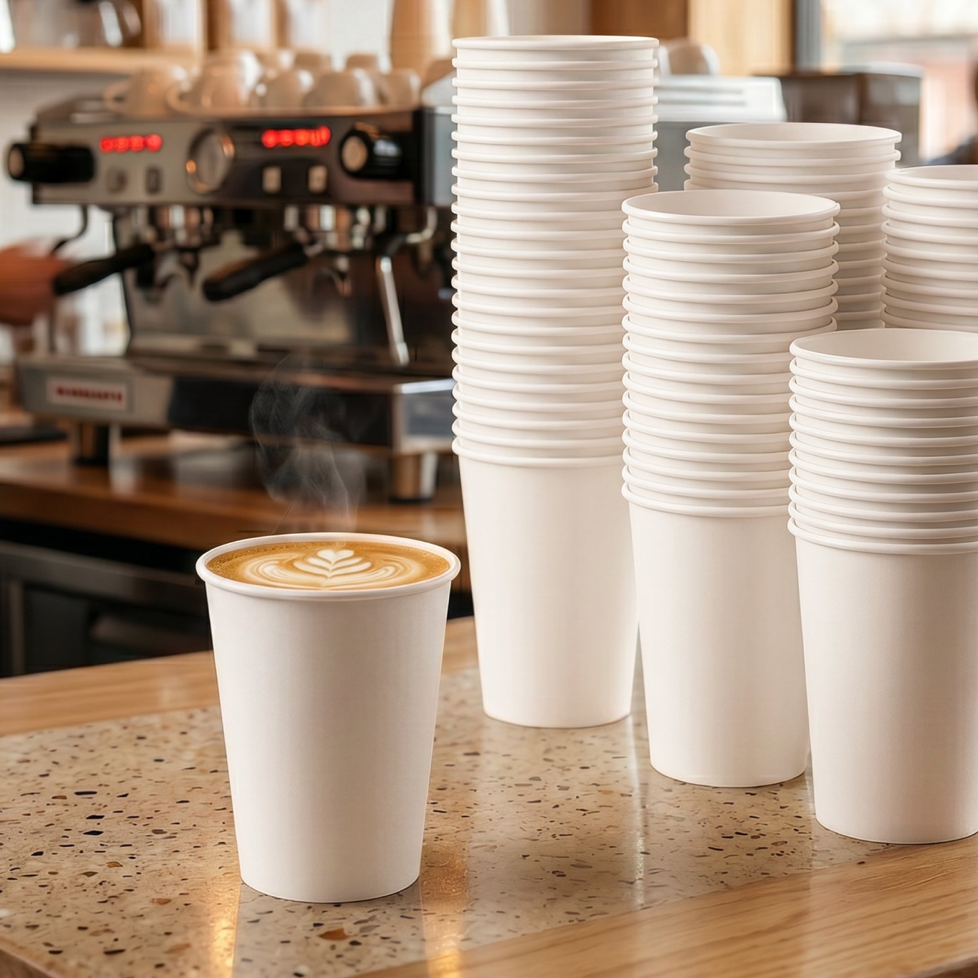 A steaming latte with foam art sits on a counter with stacks of white paper cups near a shiny espresso machine in a cozy café setting.