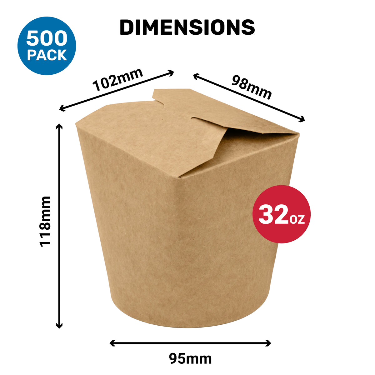 Dimensions of a brown takeout container with a lid, showing measurements: 118mm height, 102mm width, 98mm length, and capacity of 32oz, labeled as a 500 pack.