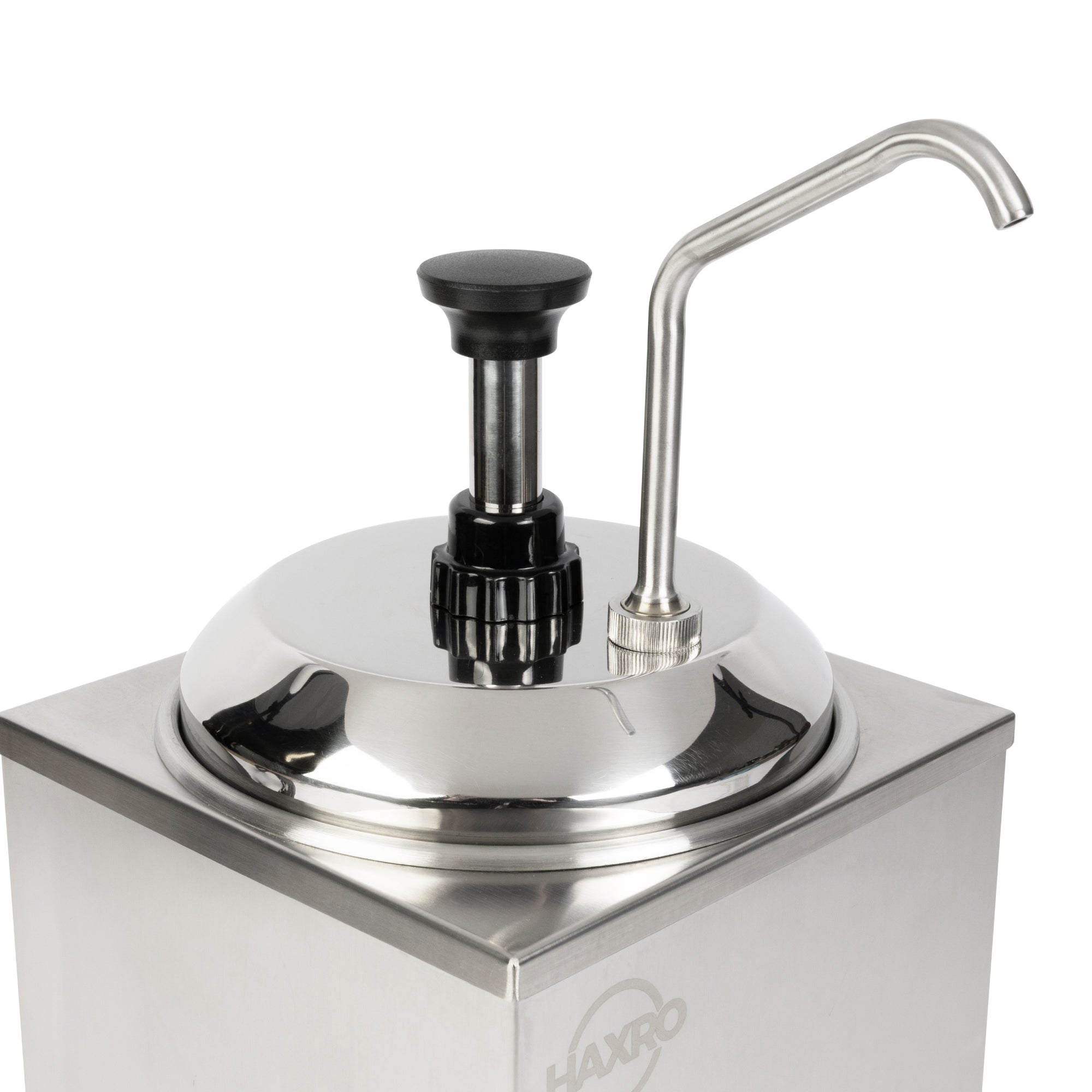 Stainless steel sauce dispenser with a pump and spout.