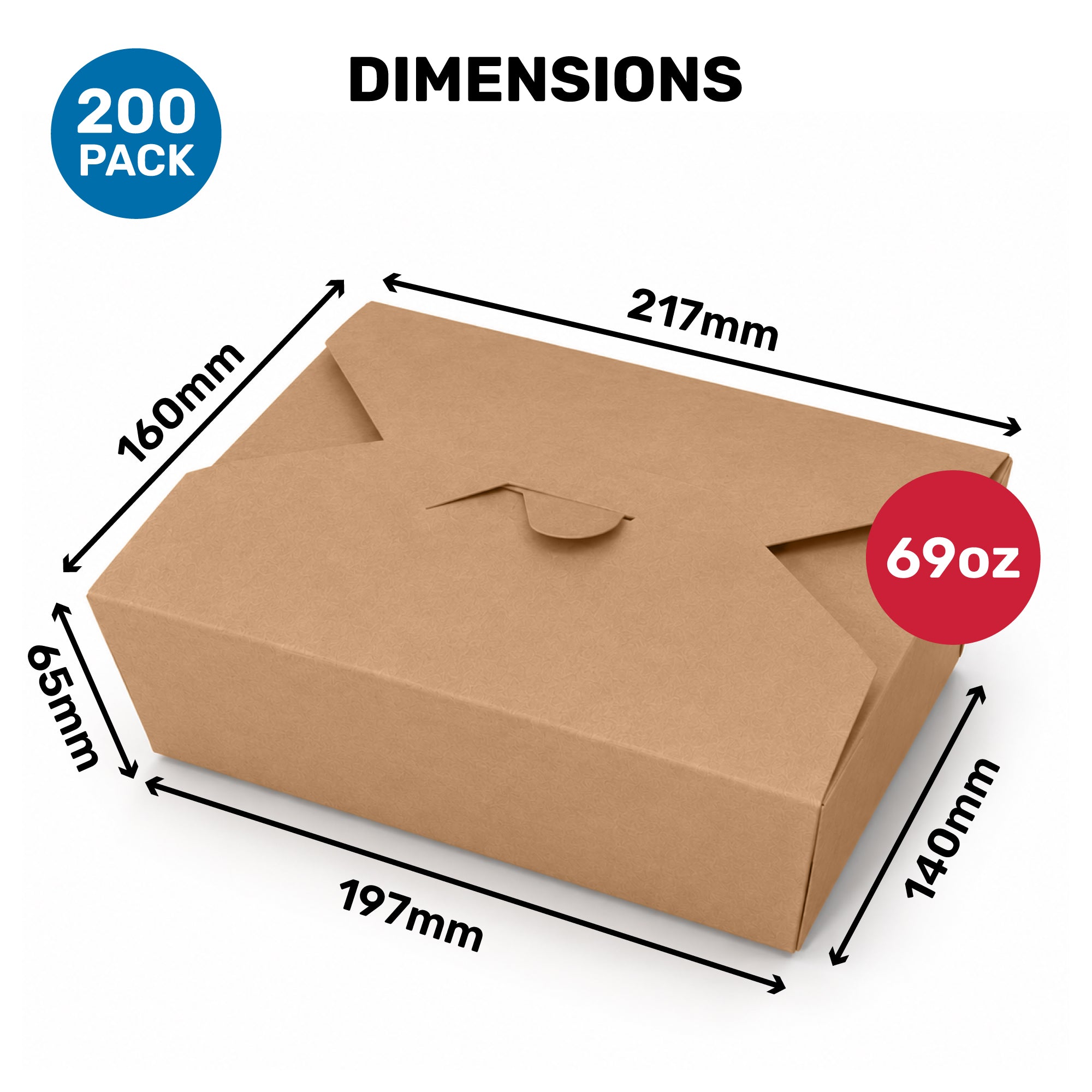 A brown cardboard food container with dimensions indicated: 217mm (length), 197mm (width), 140mm (height), and a volume of 690oz. The image features a header that reads "DIMENSIONS" and notes a quantity of "200 PACK."