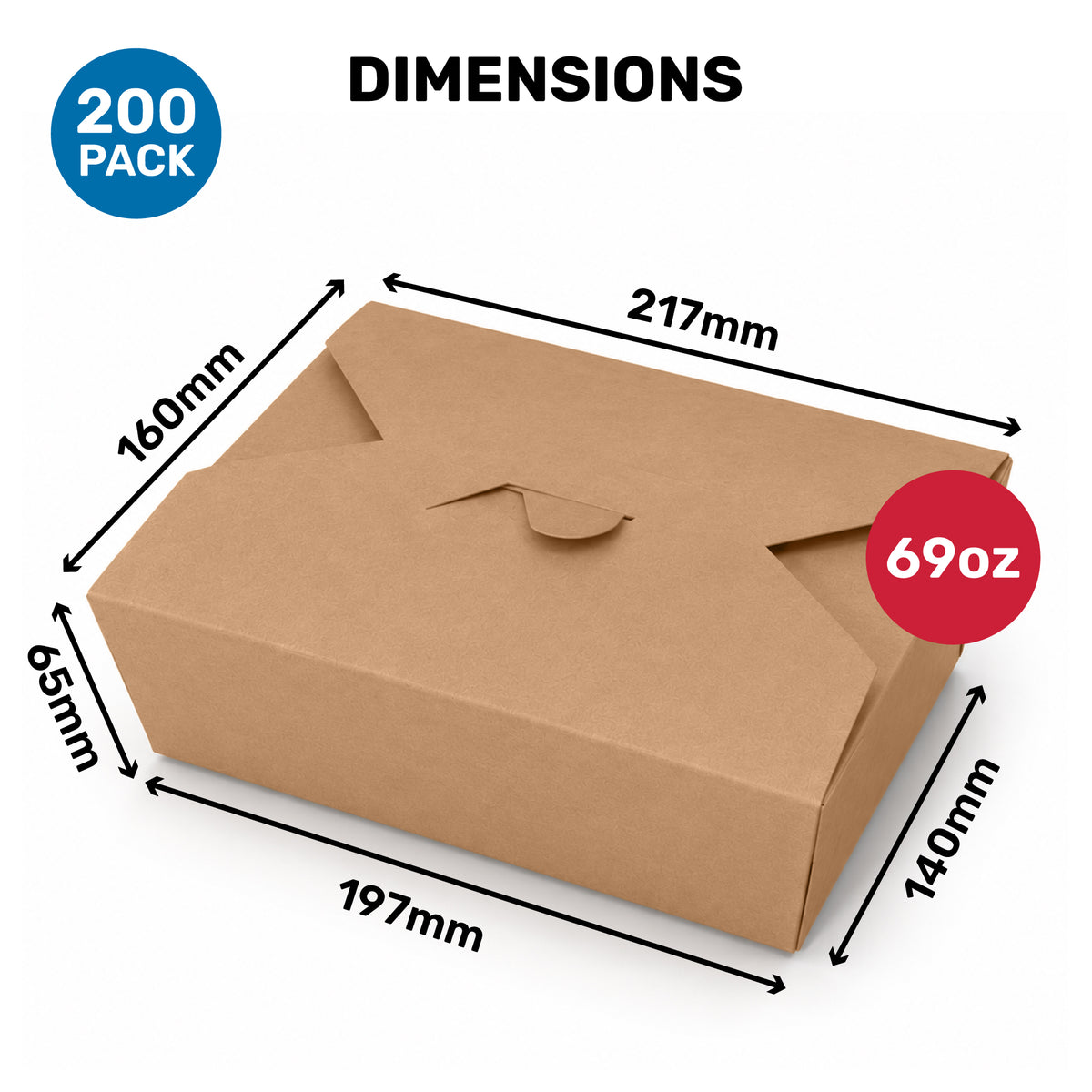 A brown cardboard food container with dimensions indicated: 217mm (length), 160mm (width), 65mm (height), and a volume of 69oz. The image features a header that reads "DIMENSIONS" and notes a quantity of "200 PACK."