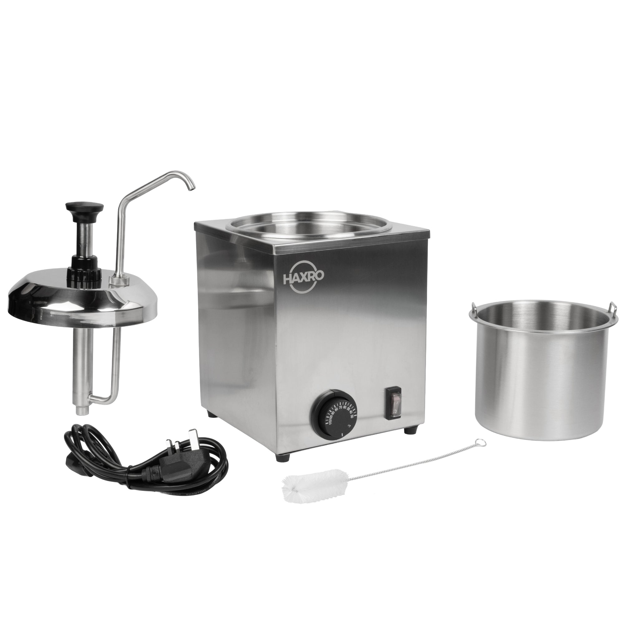 HAXRO Electric sauce dispenser with stainless steel pot and electric cord.
