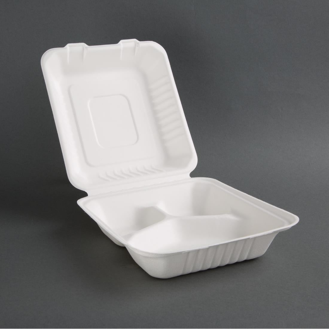 Fiesta Compostable Bagasse Hinged 3-Compartment Food Containers 201mm (200 Pack)