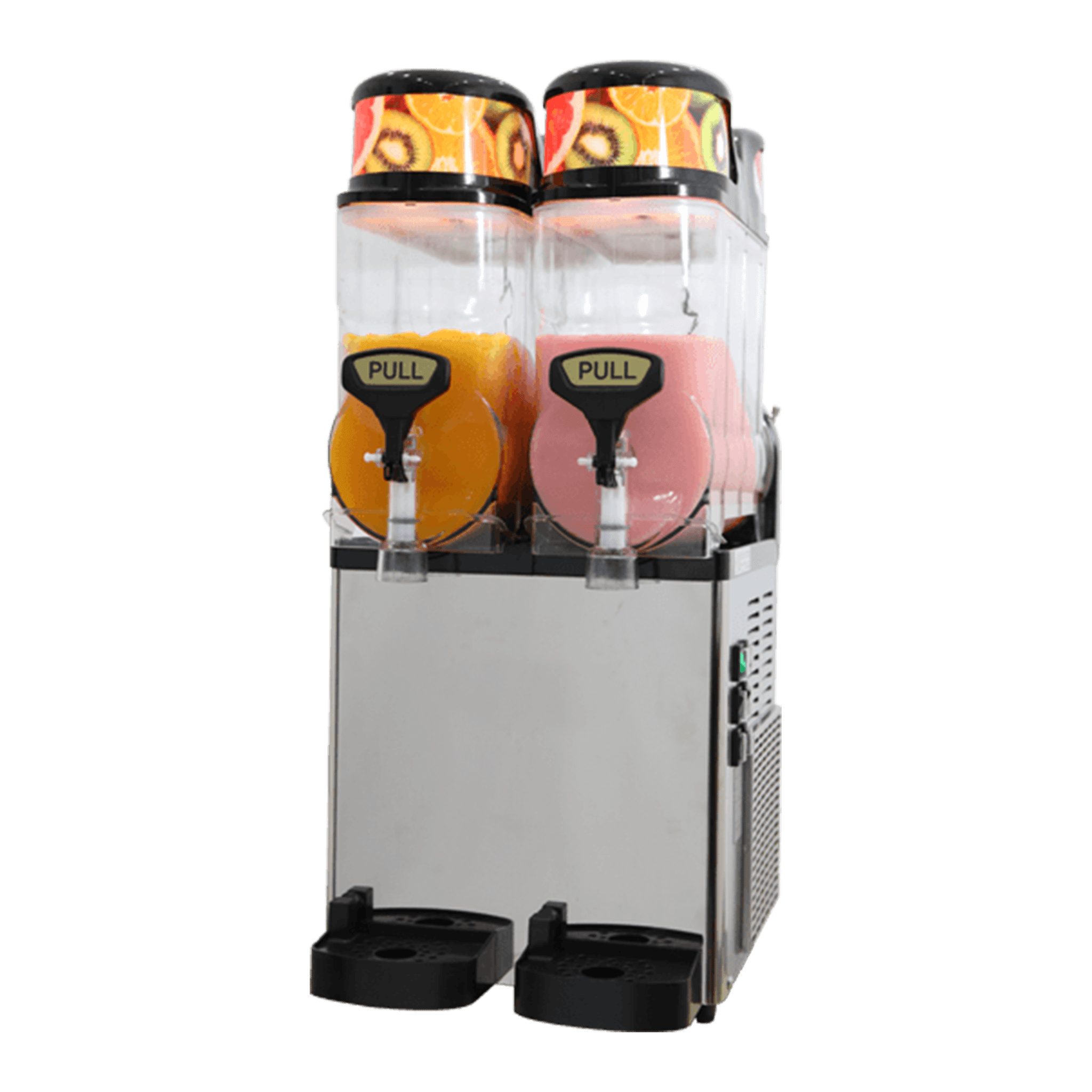 A twin-bowl slush machine with two transparent containers filled with orange and pink slush. Each chamber has a ‘PULL’ lever tap, and the lids feature fruit graphics. The machine has a stainless-steel body with two black drip trays at the base.