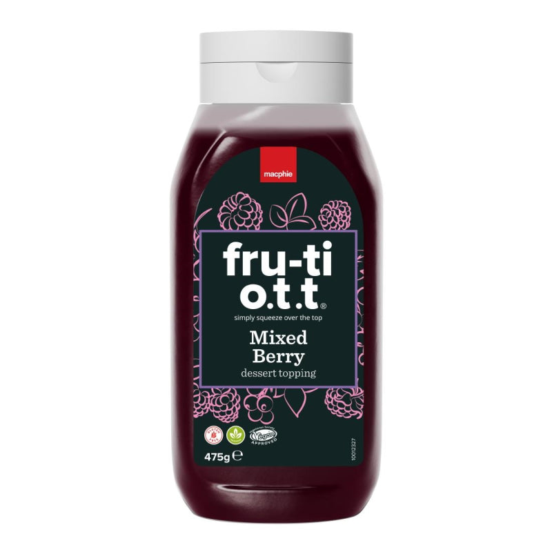 Macphie Fru-ti O.T.T Mixed Berry Dessert Topping 475g bottle fruity berry sauce made with a blend of berries, ideal for desserts and breakfasts.