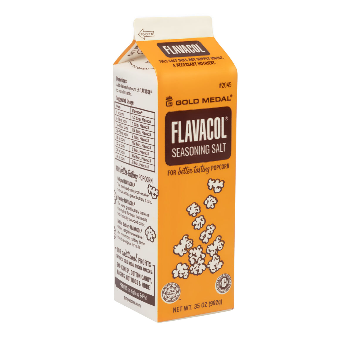 Carton of Flavacol seasoning salt for popcorn, branded in orange and white. "For better tasting popcorn" is visible, with popcorn illustrations.