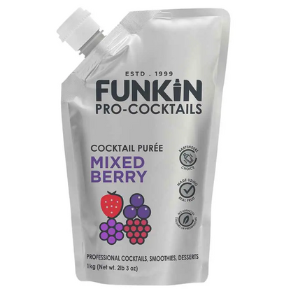  A pouch of Funkin Mixed Berry Purée featuring vibrant imagery of strawberries, raspberries, cherries, blackberries, and blueberries. The packaging highlights its natural ingredients and use in cocktails, smoothies, sauces, and desserts.