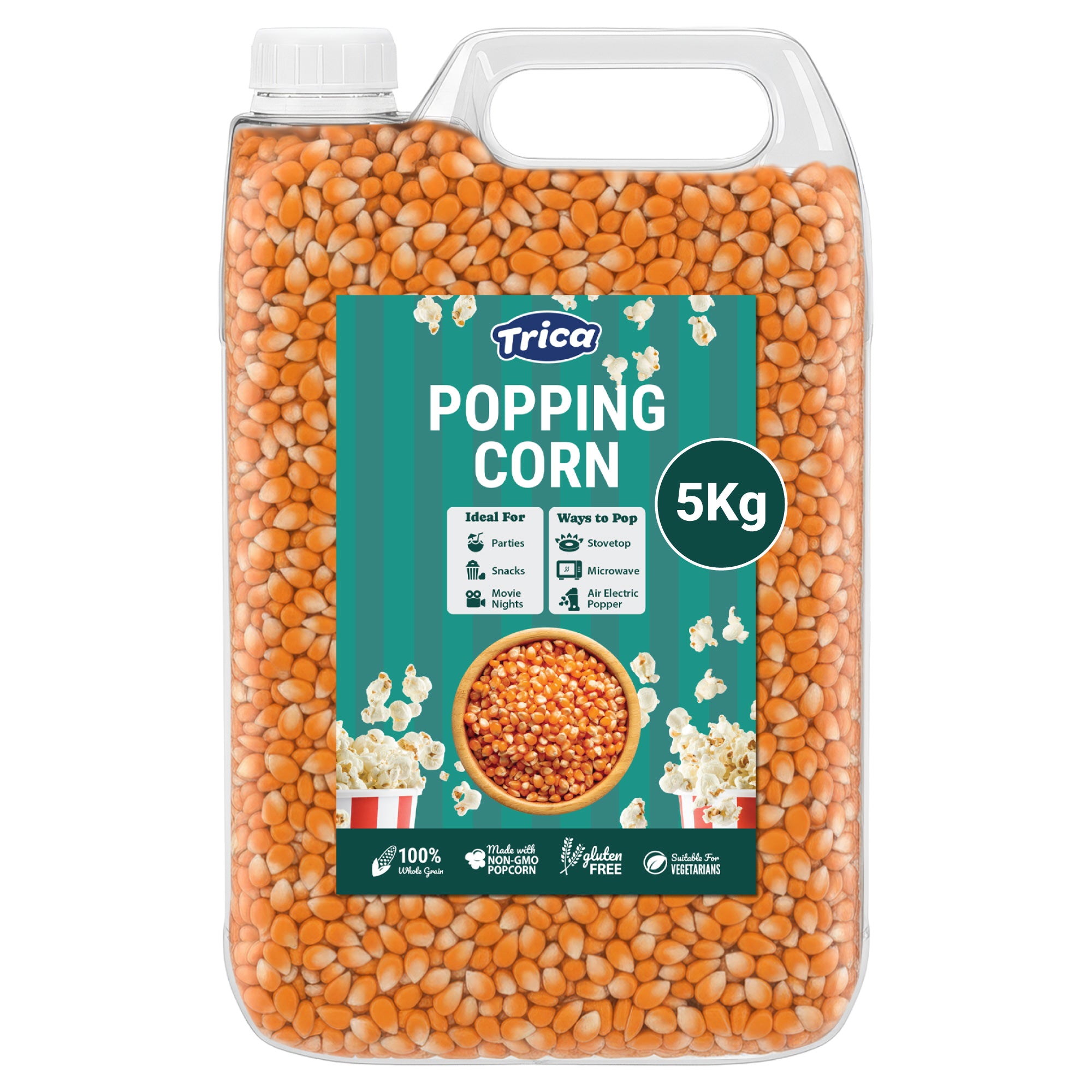 A transparent bag of popping corn with a 5kg label, featuring a teal background and images of popped popcorn.