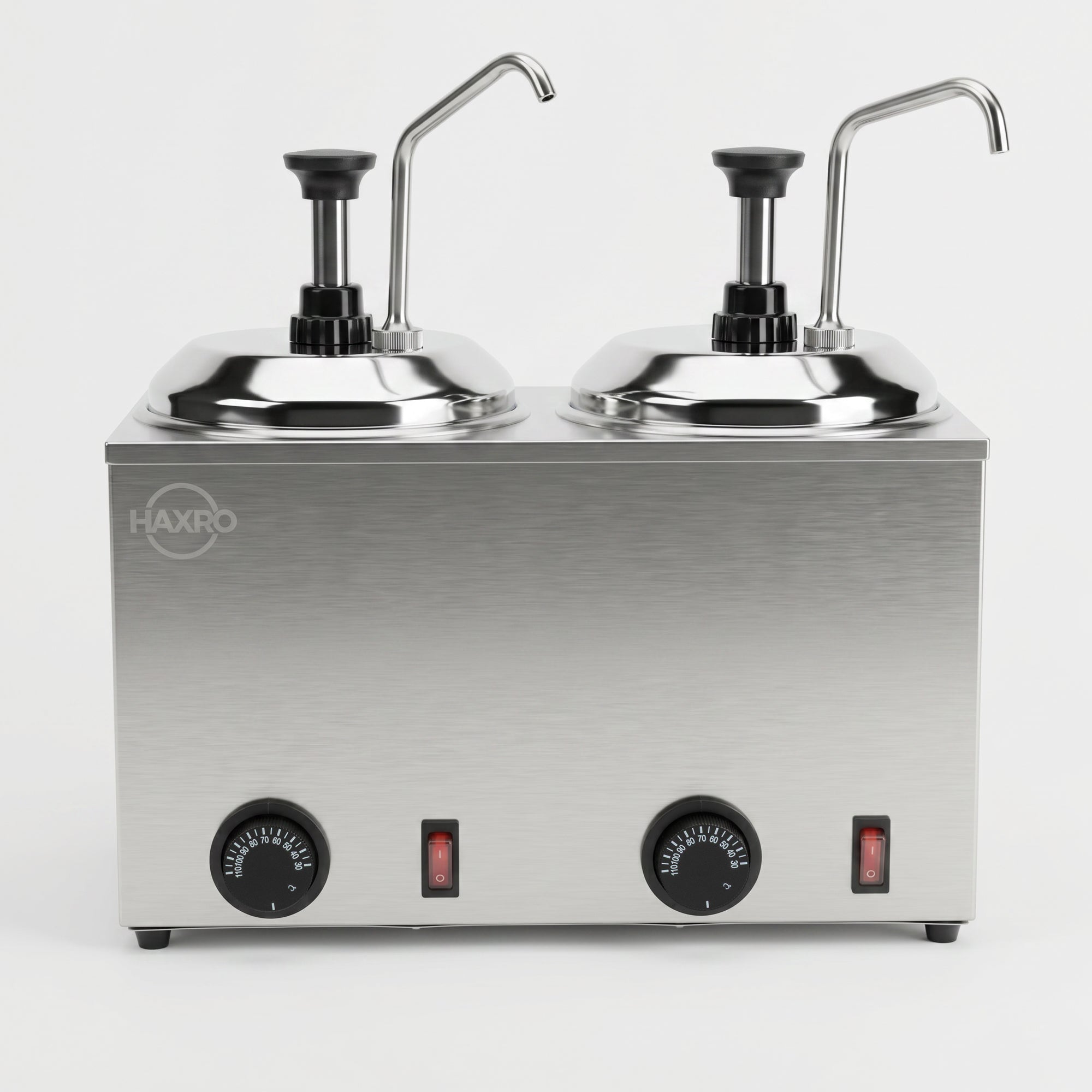 Stainless steel double condiment dispenser with two pump dispensers and temperature control dials.