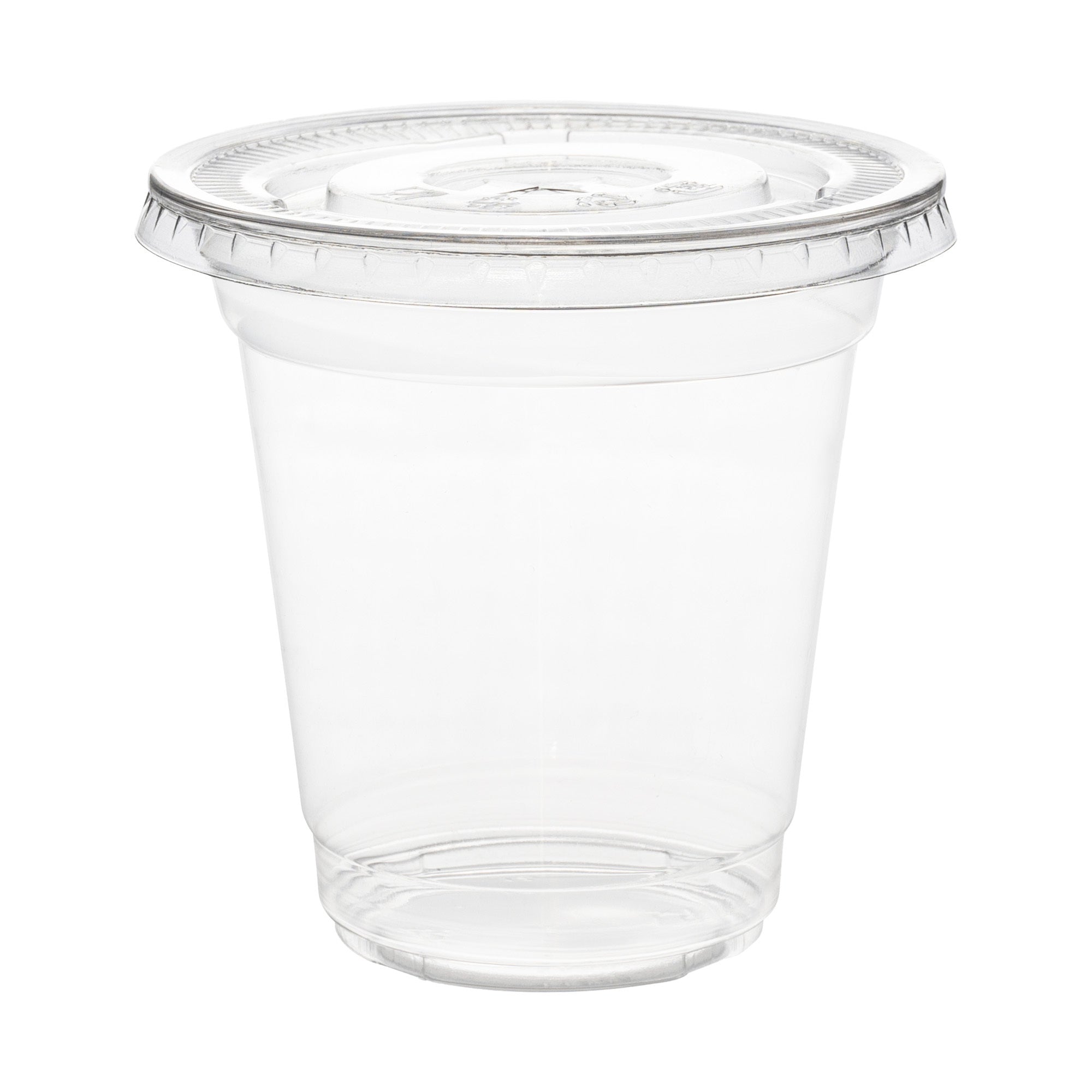 Clear disposable plastic cup shown empty against a white background; simple, clean product photograph.