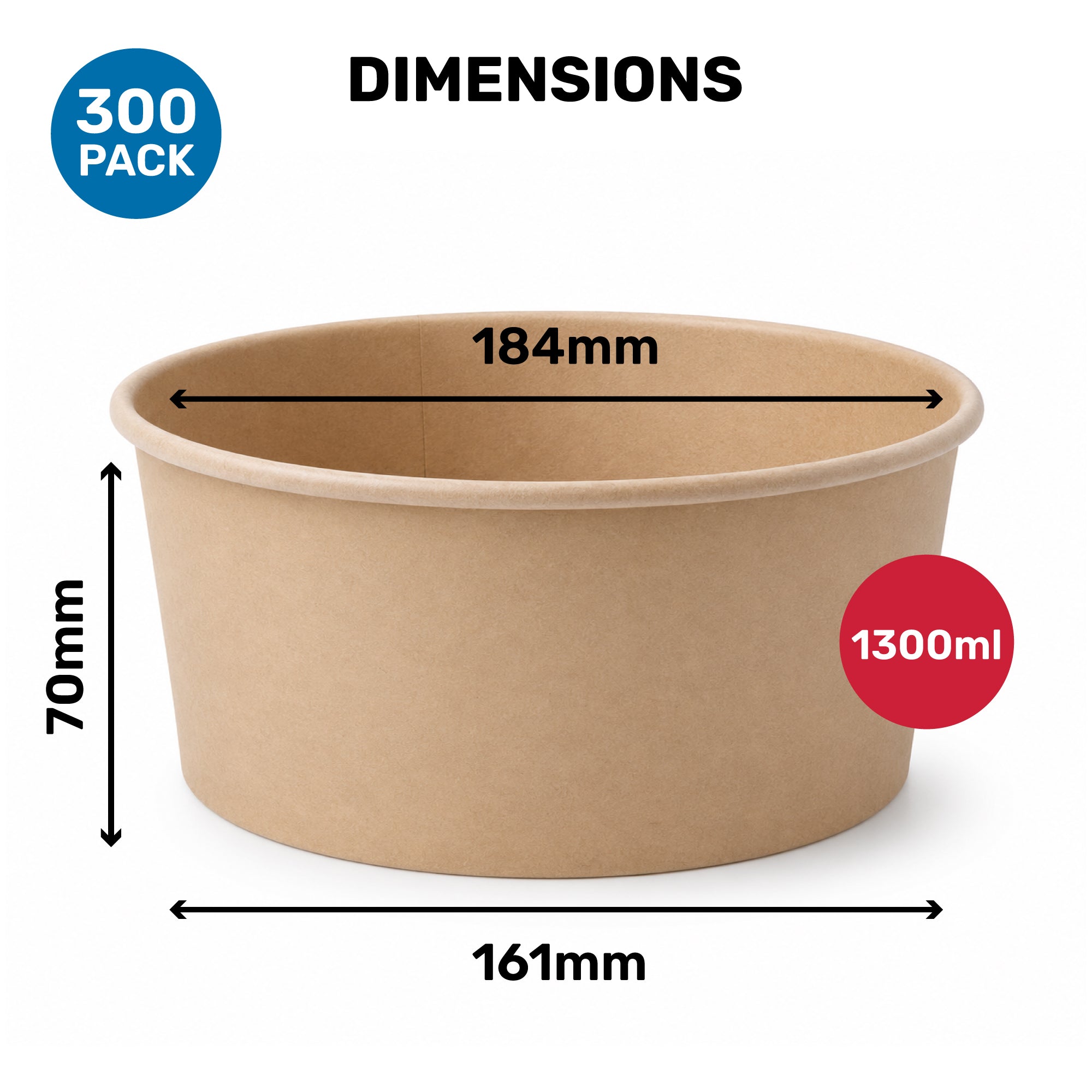 Kraft paper container with dimensions and capacity details on a white background