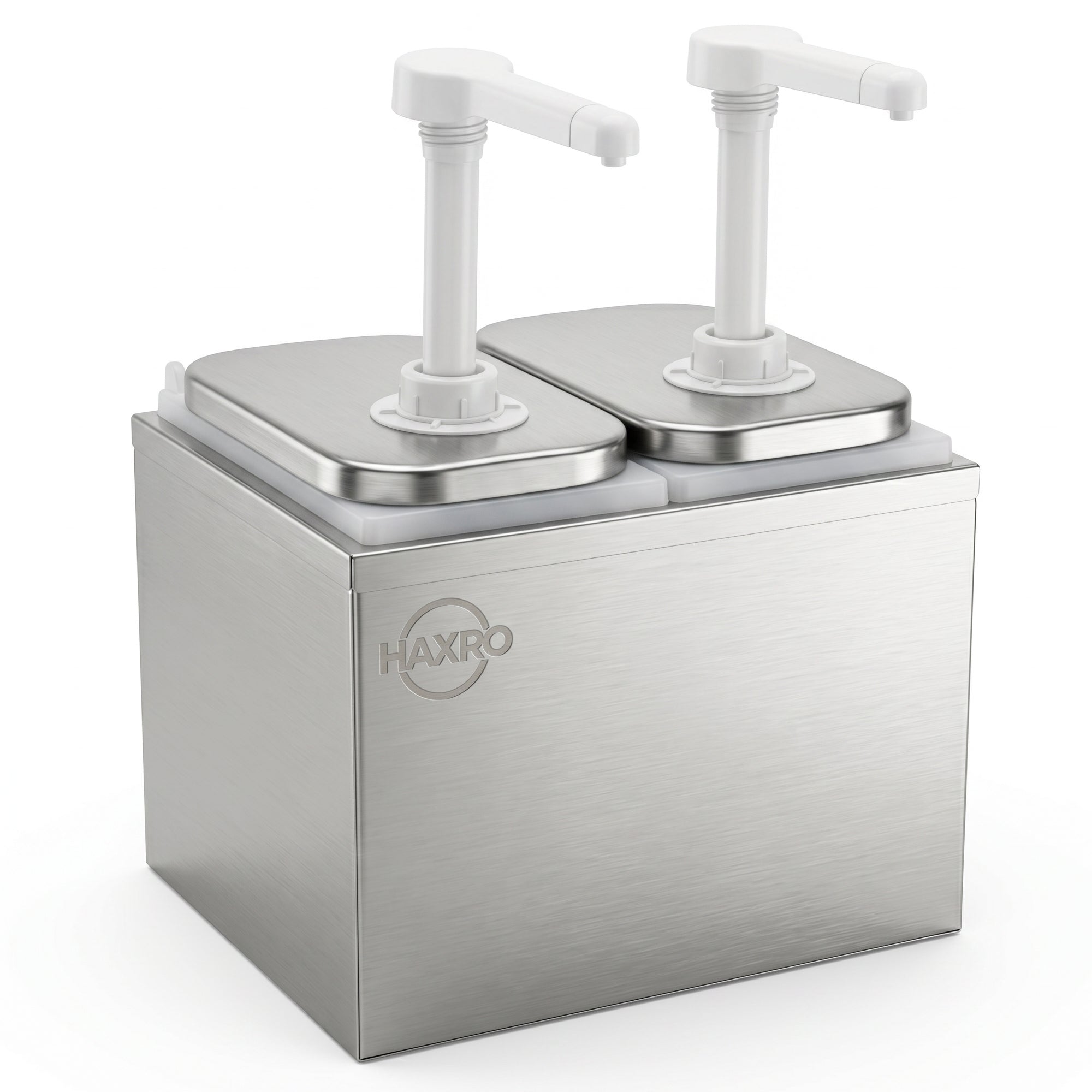 Stainless steel condiment dispenser with two pump tops.