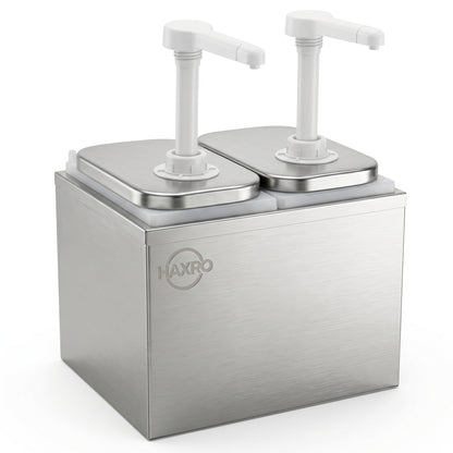Stainless steel condiment dispenser with two pump tops.