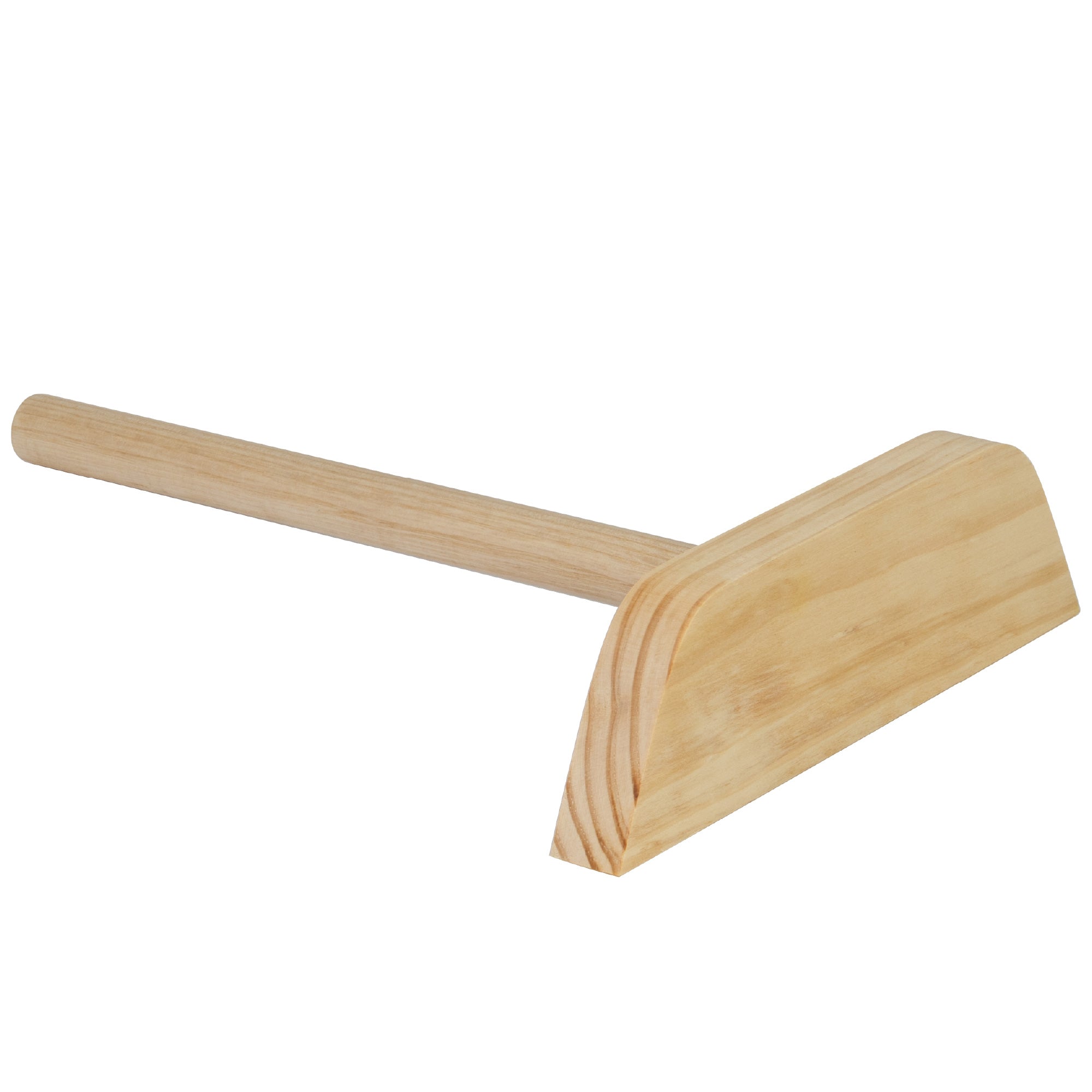Wooden crepe spreader tool with a flat edge and rounded handle.