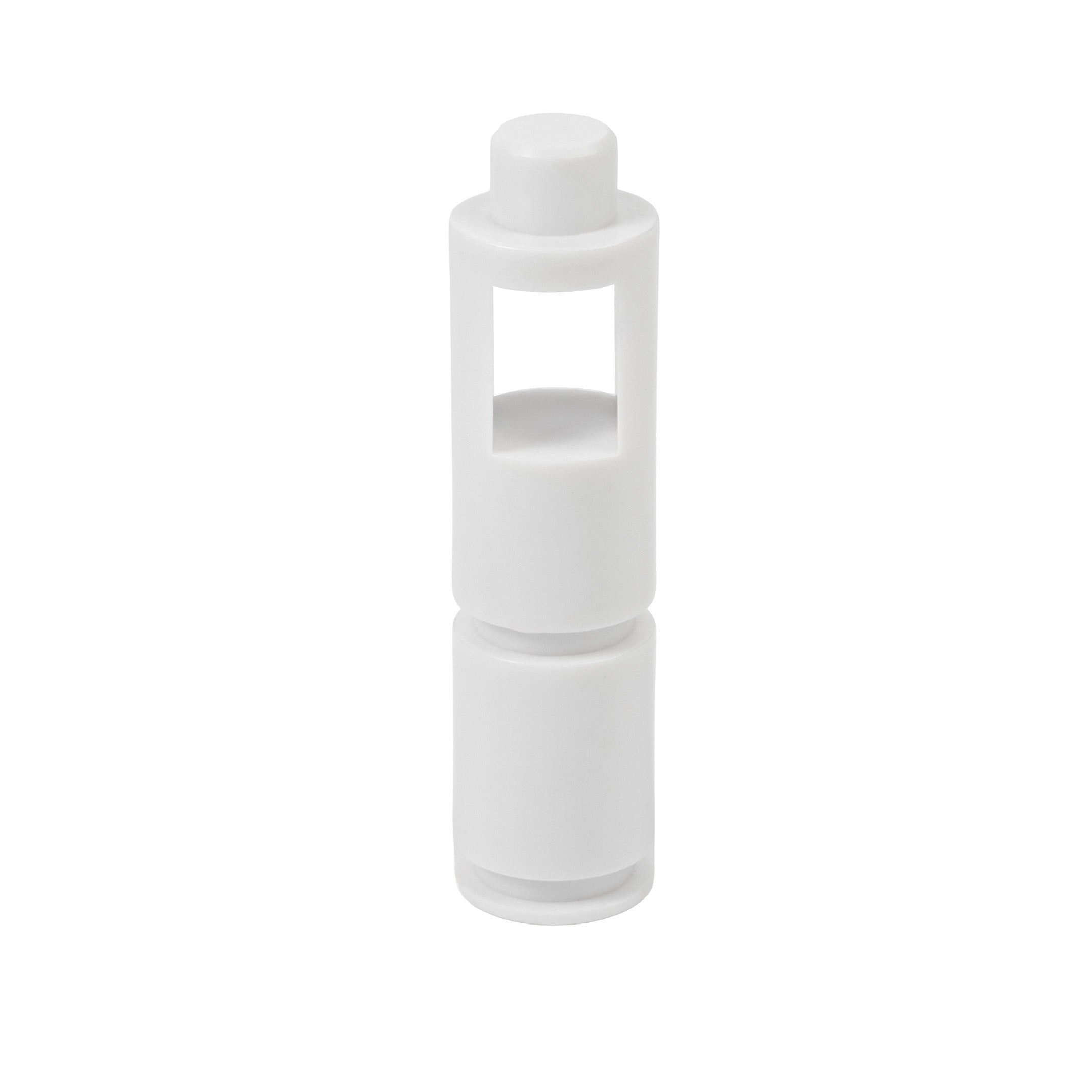 A small, white plastic tool with a cylindrical body and a square opening on one side.