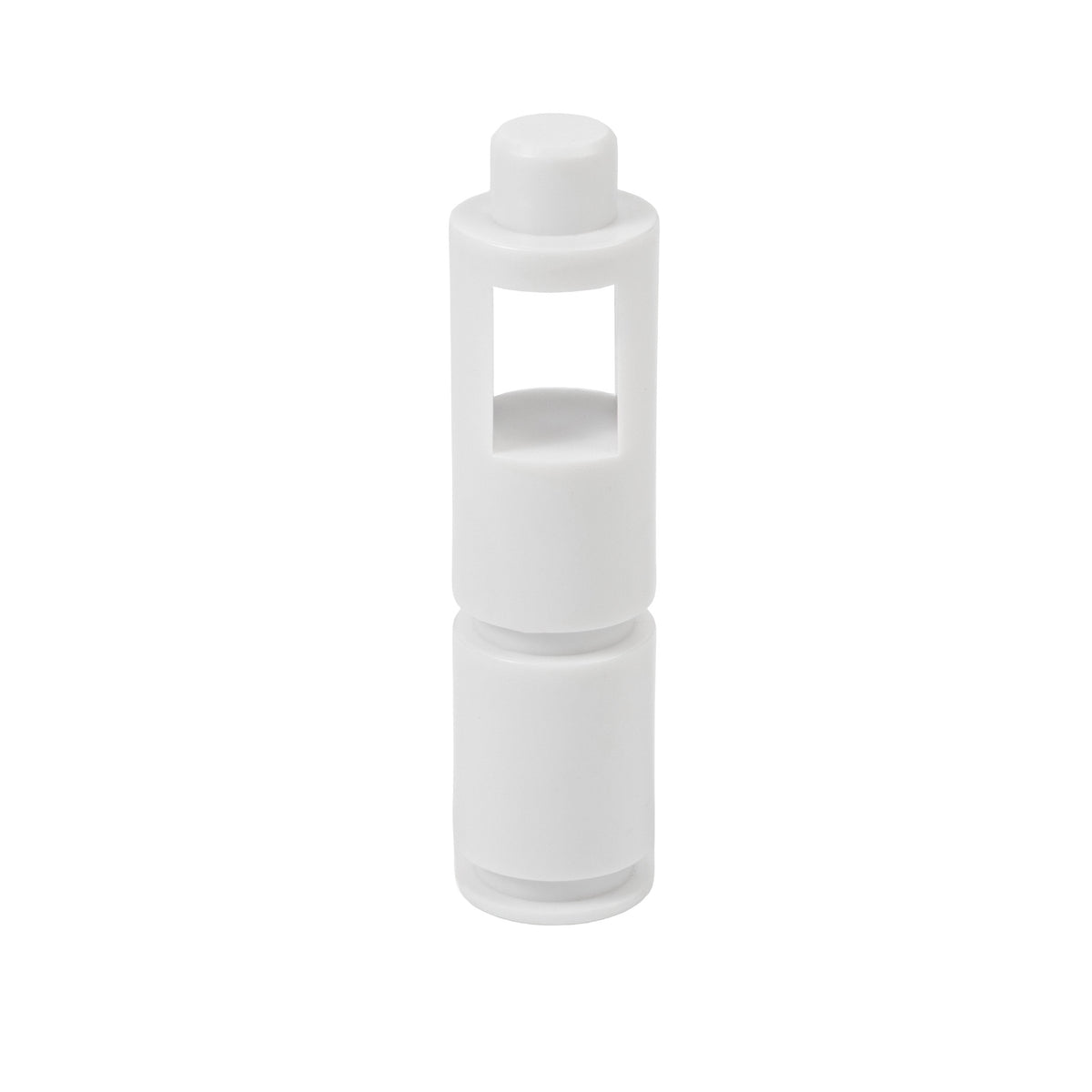 A small, white plastic tool with a cylindrical body and a square opening on one side.