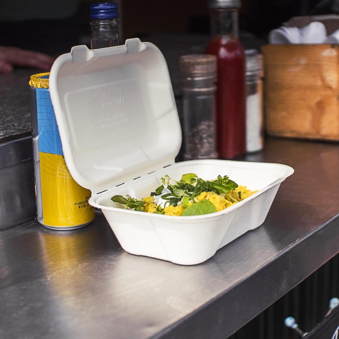 Vegware Compostable Bagasse Clamshell Hinged Meal Boxes 7"x 5" (500 Pack)