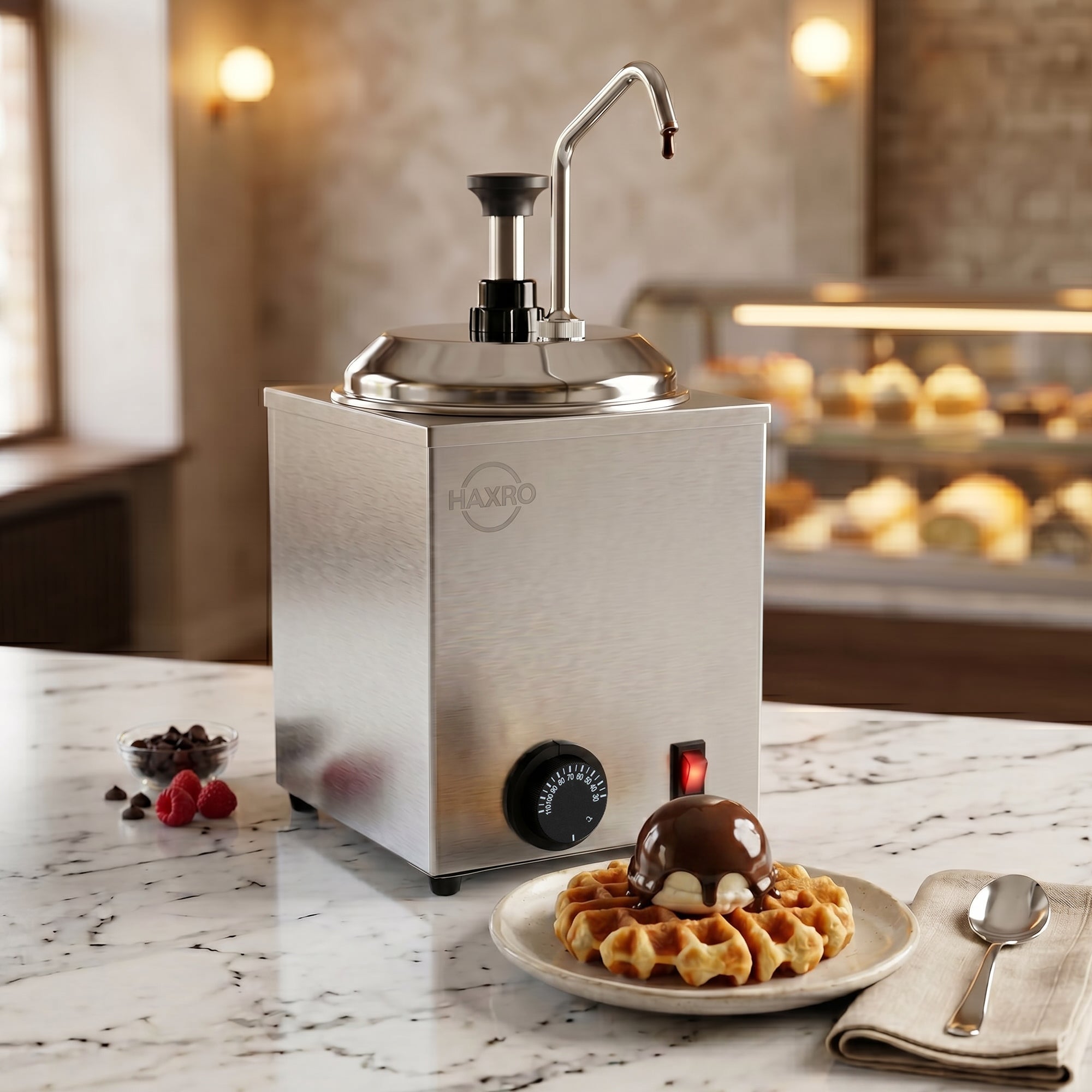 A stainless steel sauce dispenser on a marble countertop, next to a dessert featuring a chocolate-covered treat and garnishes.