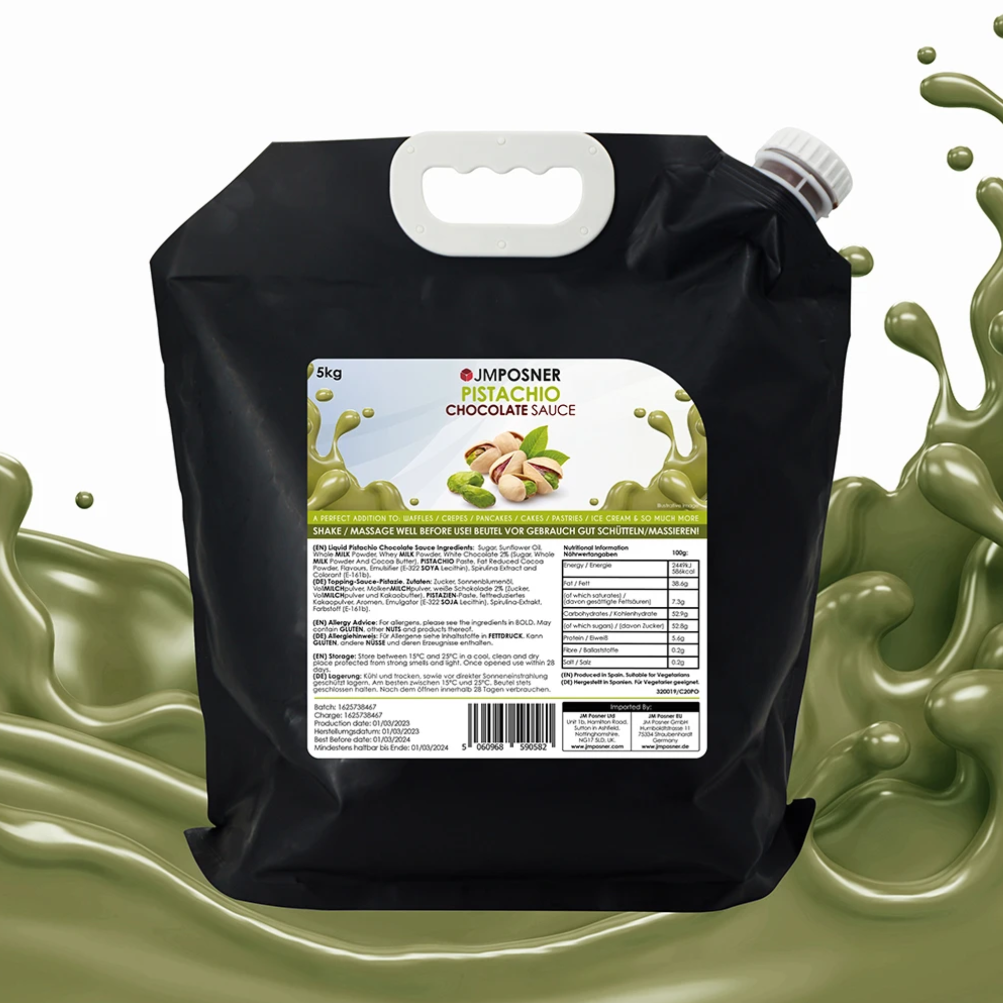 Bag of pistachio chocolate sauce with a handle sits against a backdrop of splashing green liquid, conveying a sense of indulgent creaminess.