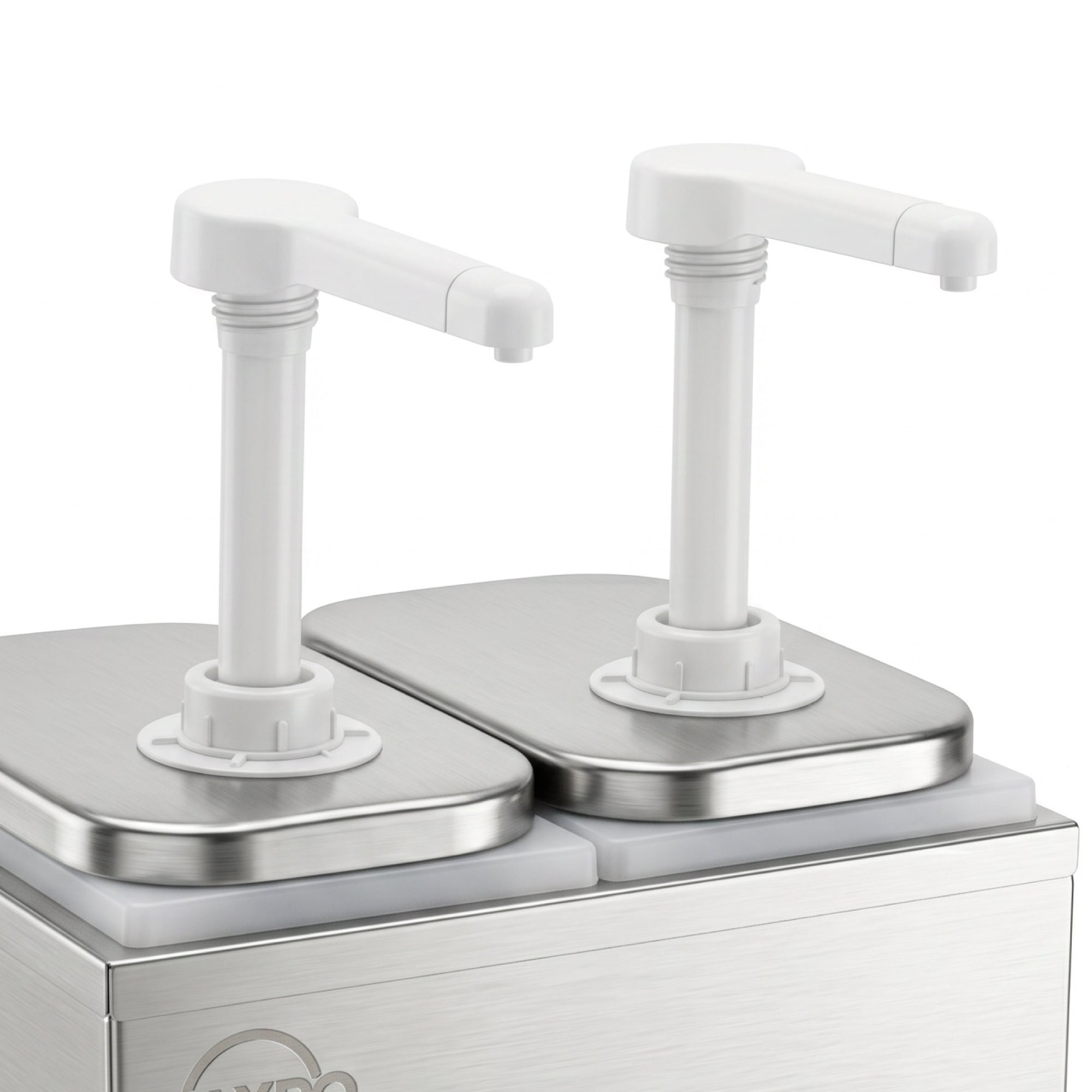 Two white dispensers on a stainless steel container.