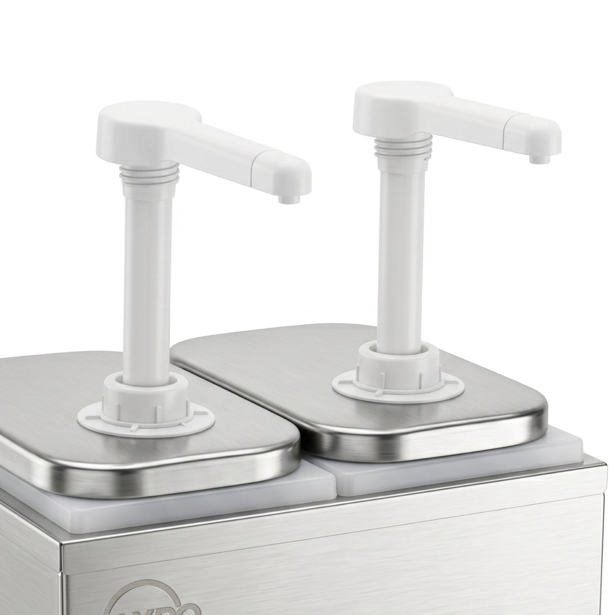 Two white dispensers on a stainless steel container.