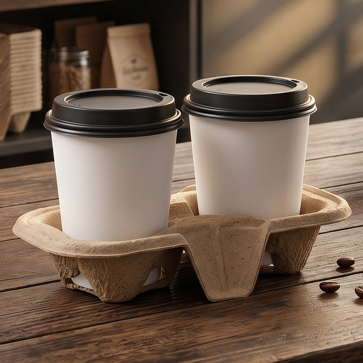 Two disposable coffee cups in a brown cardboard carrier on a wooden surface.