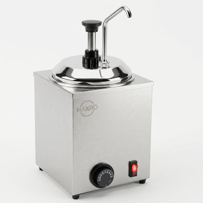 A stainless steel sauces dispenser with a lid, pump, temperature control dial, and an indicator light.