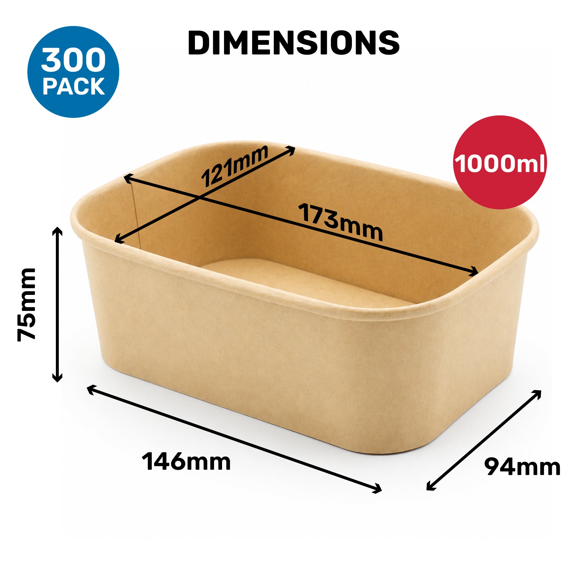 Kraft brown containers with volume labels on a white background container with dimensions labeled on a white background