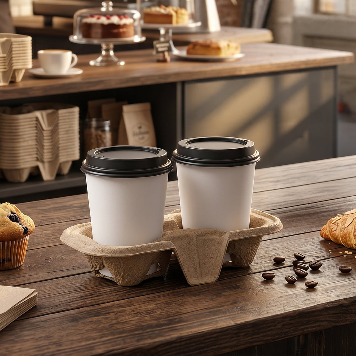 Two disposable coffee cups with black lids in a cardboard carrier, placed on a wooden table with pastries and coffee beans in the background.